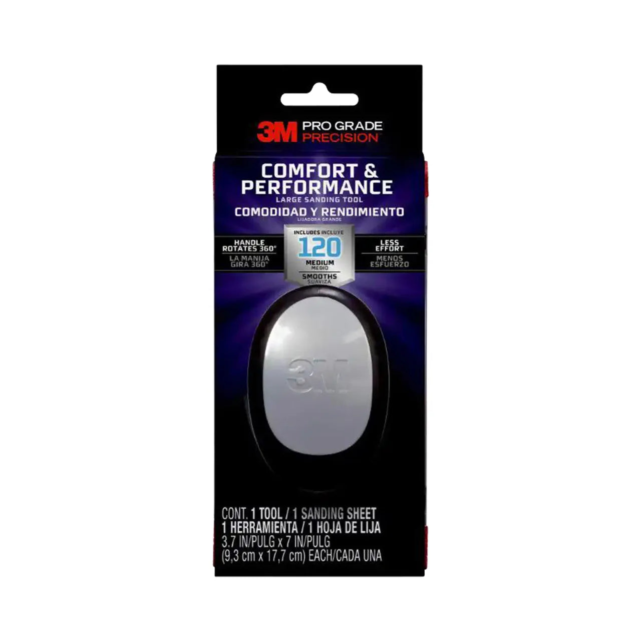 The Go Build Pro Grade Precision 3.7 in. x 7 in. Large Sanding Tool package features a silver block designed for comfort and performance, equipped with NO-SLIP GRIP sandpaper to achieve 120 medium smoothness. It includes one sanding tool and one durable sanding sheet for optimal results.